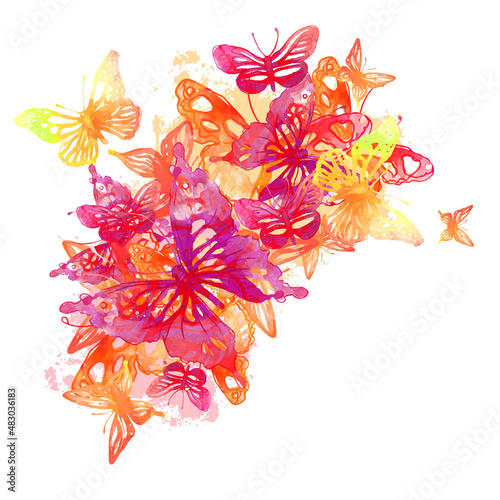 Amazing background with butterflies and flowers painted with watercolors
