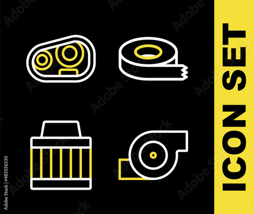 Set line Scotch tape, Automotive turbocharger, Car air filter and headlight icon. Vector