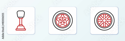 Set line Car wheel, Gear shifter and icon. Vector