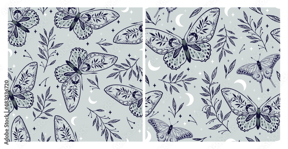 Set of elegant celestial seamless pattern with herbs. Boho magic ...