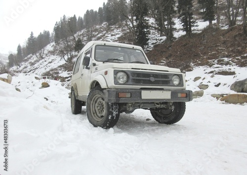 Cars with 4 Wheel Drive 4X4 in a heavy snow-covered mountain area of Solang Valley Himachal Pradesh,