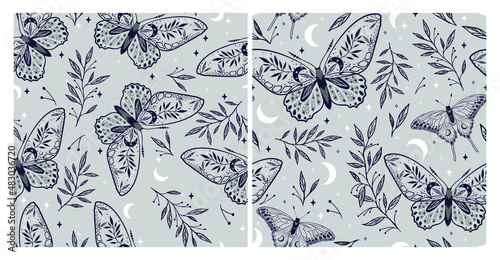 Set of elegant celestial seamless pattern with herbs. Boho magic background with gray space elements stars, butterflies. Vector doodle texture.