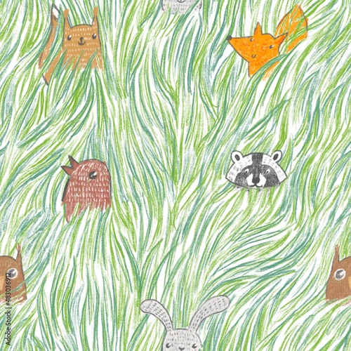 Animal seamless pattern with cute baby squirrel, fox, raccoon, owl and rabbit hiding in the grass. Hand drawn children illustration for wallpapers, wrapping paper, nursery design. Raster image.