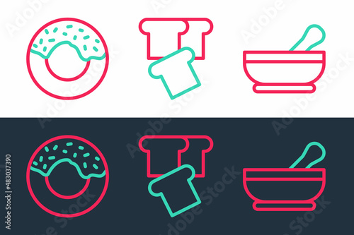 Set line Mortar and pestle, Donut and Bread toast icon. Vector