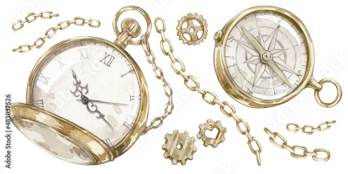 Set of watercolor illustrations with vintage gold pocket watch, compass, gears and chains isolated on a white.