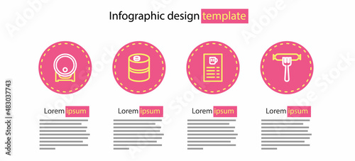 Set line Beer menu, Sausage on the fork, Metal beer keg and Wooden barrel rack icon. Vector