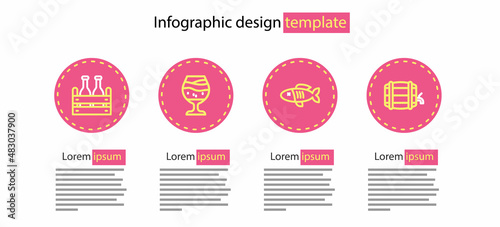 Set line Dried fish, Wooden barrel on rack, Glass of beer and Pack bottles icon. Vector