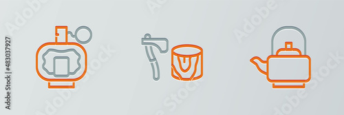 Set line Kettle with handle, Aftershave and Wooden axe in stump icon. Vector
