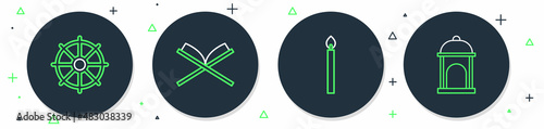 Set line Holy book of Koran, Burning candle, Dharma wheel and Muslim Mosque icon. Vector