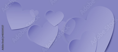 Valentines Day background or banner with 3D hearts. Background in Very Peri colors.Hearts geometric abstract background.Realistis 3D hearts design template