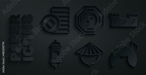 Set Chinese conical straw hat, Great wall of China, paper lantern, fortune cookie, Yin Yang and Yuan currency icon. Vector