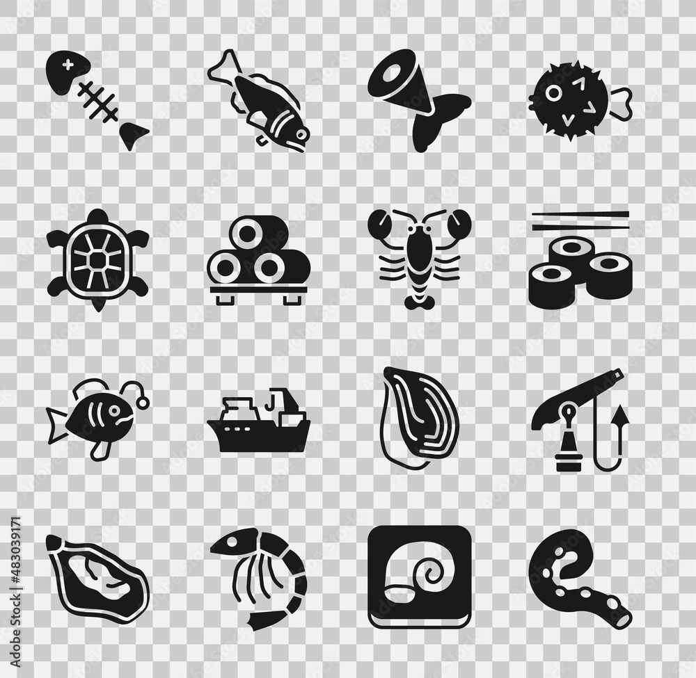 Obraz premium Set Octopus of tentacle, Fishing harpoon, Sushi, tail, cutting board, Turtle, skeleton and Lobster icon. Vector