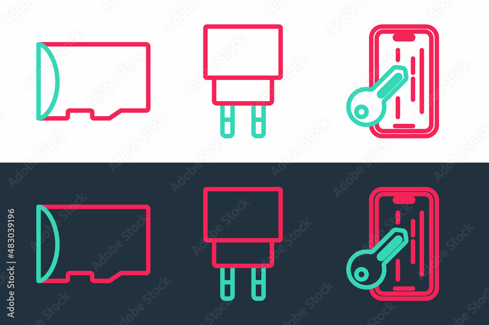 Set line Glass screen protector, Micro SD memory card and Charger icon. Vector Set line Glass screen protector, Micro SD memory card and Charger icon. Vector