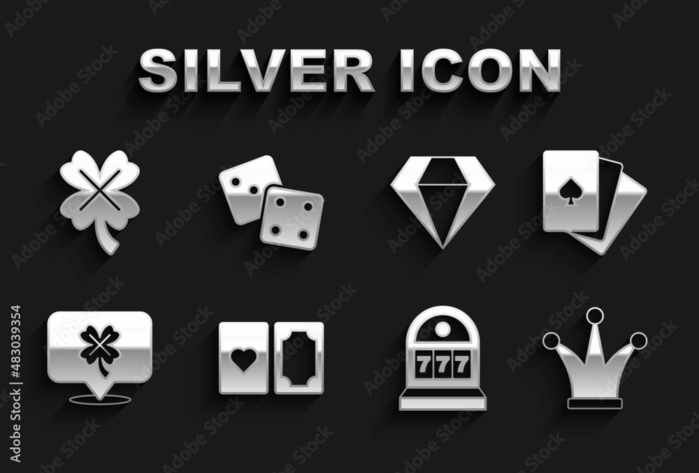 Set Deck of playing cards, Joker, Slot machine with jackpot, Casino slot clover, Diamond, and Game dice icon. Vector