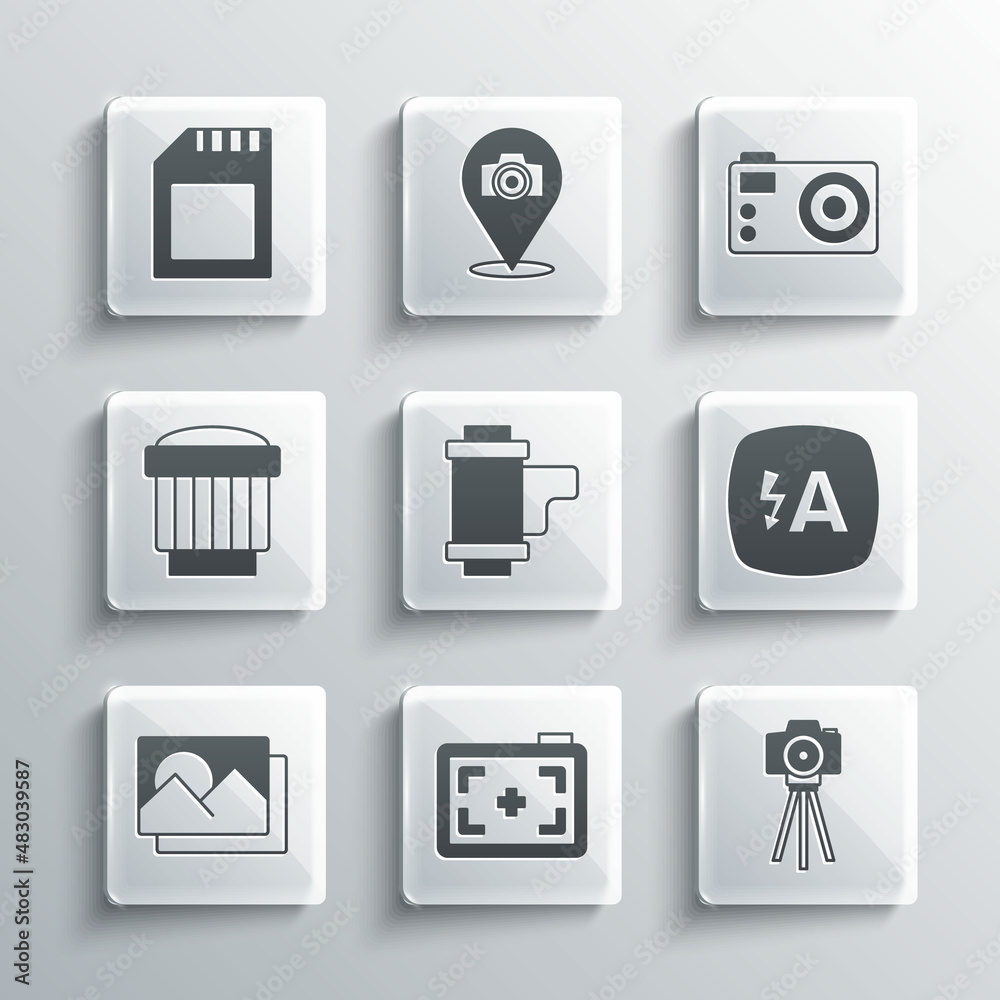 Set Photo camera, Auto flash, Camera roll cartridge, frame, photo lens, SD card and icon. Vector Set Photo camera, Auto flash, Camera roll cartridge, frame, photo lens, SD card and icon. Vector