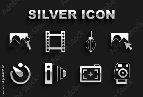 Set Photo camera, retouching, Camera timer, Dust blower, and roll cartridge icon. Vector