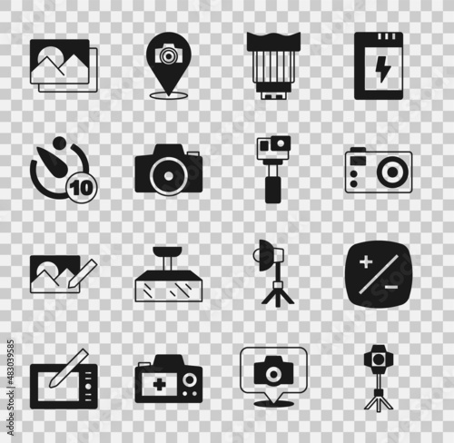 Set Softbox light, Exposure compensation, Photo camera, Camera photo lens, timer, frame and Action icon. Vector