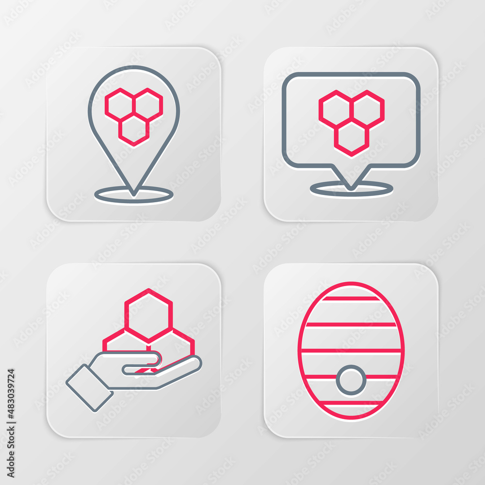 Set line Hive for bees, Honeycomb and hand, location and icon. Vector