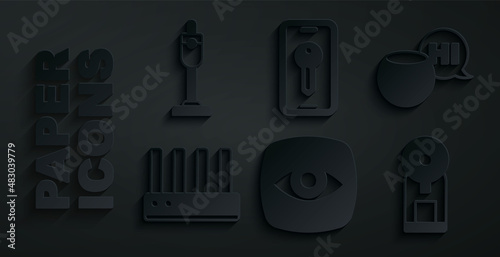 Set Security camera, Voice assistant, Router and wi-fi signal, Smart coffee machine, key and Vacuum cleaner icon. Vector