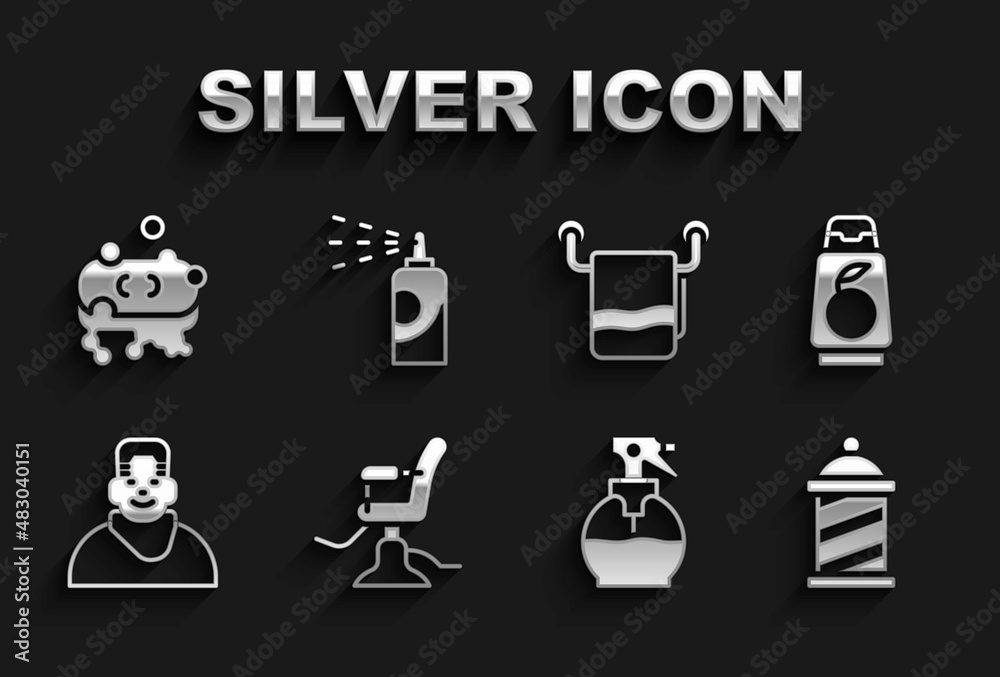Set Barbershop chair, Bottle of shampoo, pole, Hairdresser pistol spray bottle, Client in barbershop, Towel on hanger, soap with foam and Spray can for hairspray icon. Vector