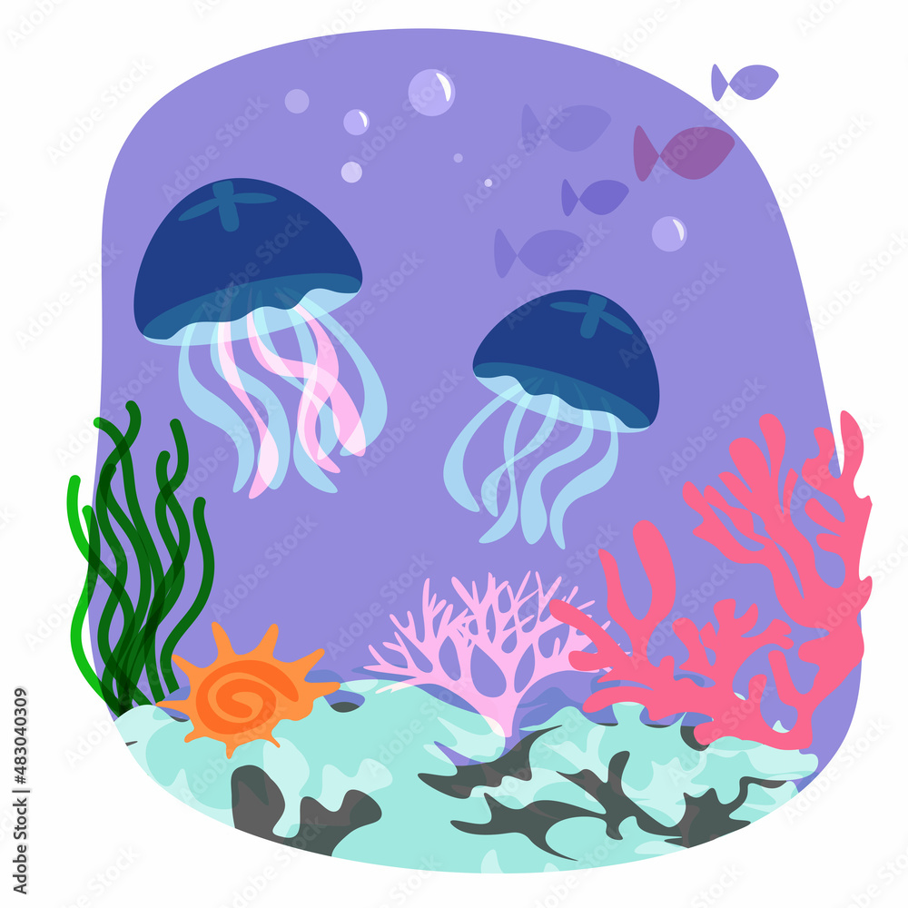 Jellyfish, coral, algae in vector illustration on purple background. Underwater wildlife in ocean tropical reef. Jellyfish, coral, algae in vector illustration on purple background. Underwater wildlife in ocean tropical reef.