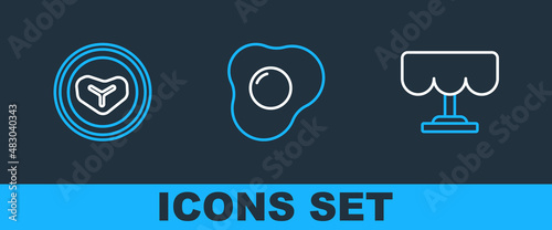 Set line Wooden table, Steak meat on plate and Scrambled eggs icon. Vector