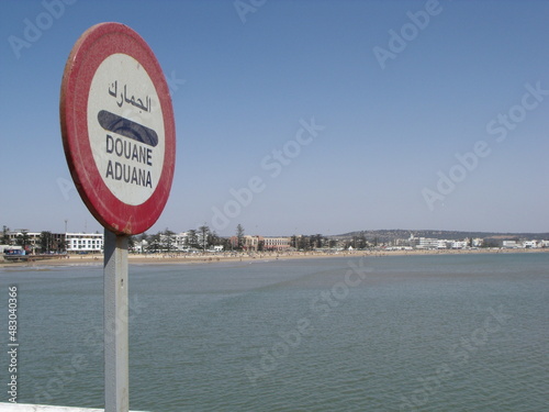 Essaouira, Morocco, August 15, 2012: Customs sign in the fishing port of Essaouira, Morocco