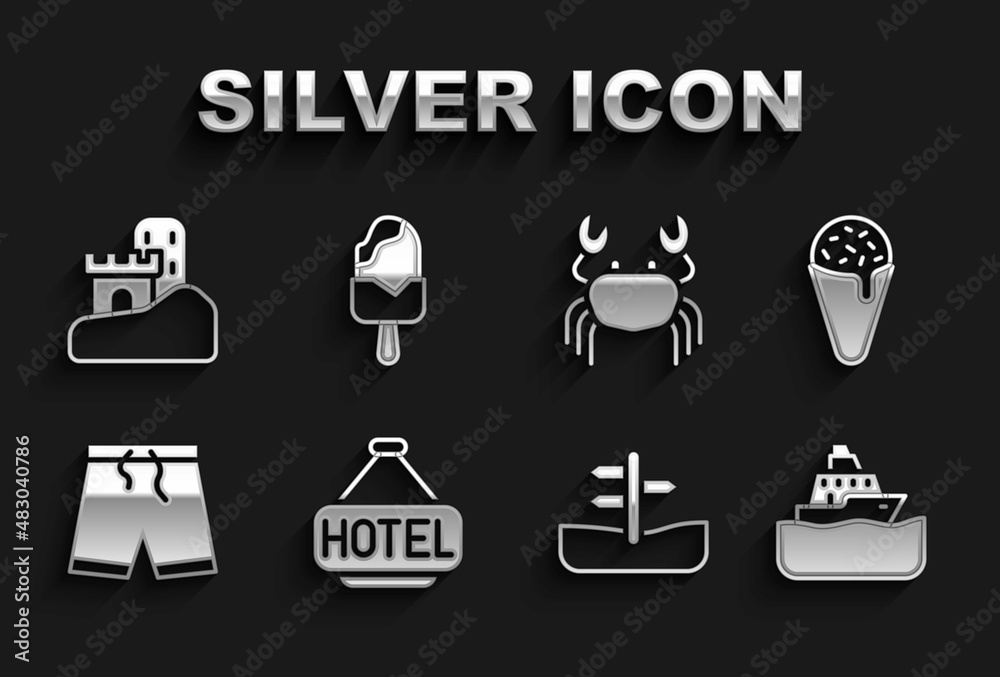 Set Signboard with text Hotel, Ice cream in waffle cone, Cruise ship, Road traffic sign, Swimming trunks, Crab, Sand castle and icon. Vector Set Signboard with text Hotel, Ice cream in waffle cone, Cruise ship, Road traffic sign, Swimming trunks, Crab, Sand castle and icon. Vector