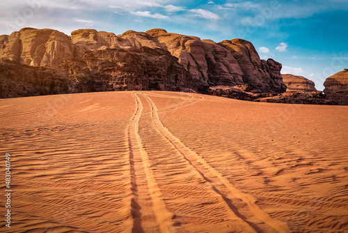 Car tire tracks in red desert