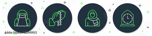 Set line Hands in praying position, Muslim woman hijab, niqab and Clock icon. Vector