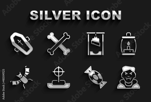 Set Tombstone with cross, Camping lantern, Vampire, Candy, Flying bat, Guillotine, Coffin and Crossed bones icon. Vector