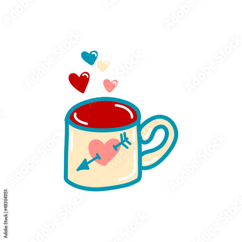 Vector illustration  Coffee mug with hearts in doodle style  80s style  Valentine s day  isolated element. Romantic illustration for postcards  posters  stickers  print on clothes.