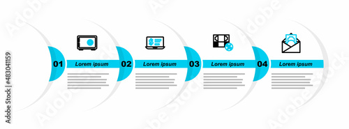 Set line Envelope with dollar symbol, Money percent, Laptop and Safe icon. Vector