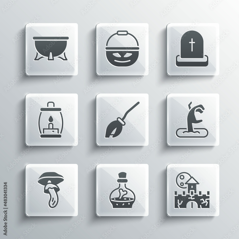 Set Bottle with potion, Castle, fortress, Zombie hand, Witches broom, Psilocybin mushroom, Camping lantern, Halloween witch cauldron and Tombstone RIP written icon. Vector Set Bottle with potion, Castle, fortress, Zombie hand, Witches broom, Psilocybin mushroom, Camping lantern, Halloween witch cauldron and Tombstone RIP written icon. Vector
