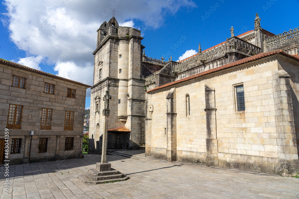 Way of Santiago square and Santa María basilica in the old town of Pontevedra, Galicia, Spain.