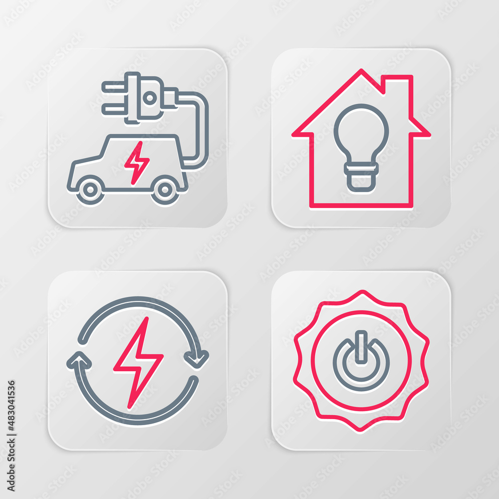 Set line Power button, Recharging, Smart house and light bulb and Electric car icon. Vector