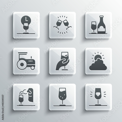 Set Wine glass, Sun and cloud weather, tasting, degustation, Sommelier, Tractor, time and bottle with icon. Vector