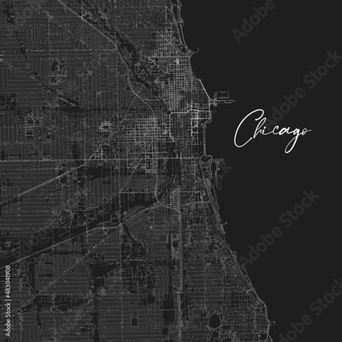 Black vector Chicago, Illinois map with City name. Art print template for decoration. Black and white. Stock vector illustration isolated