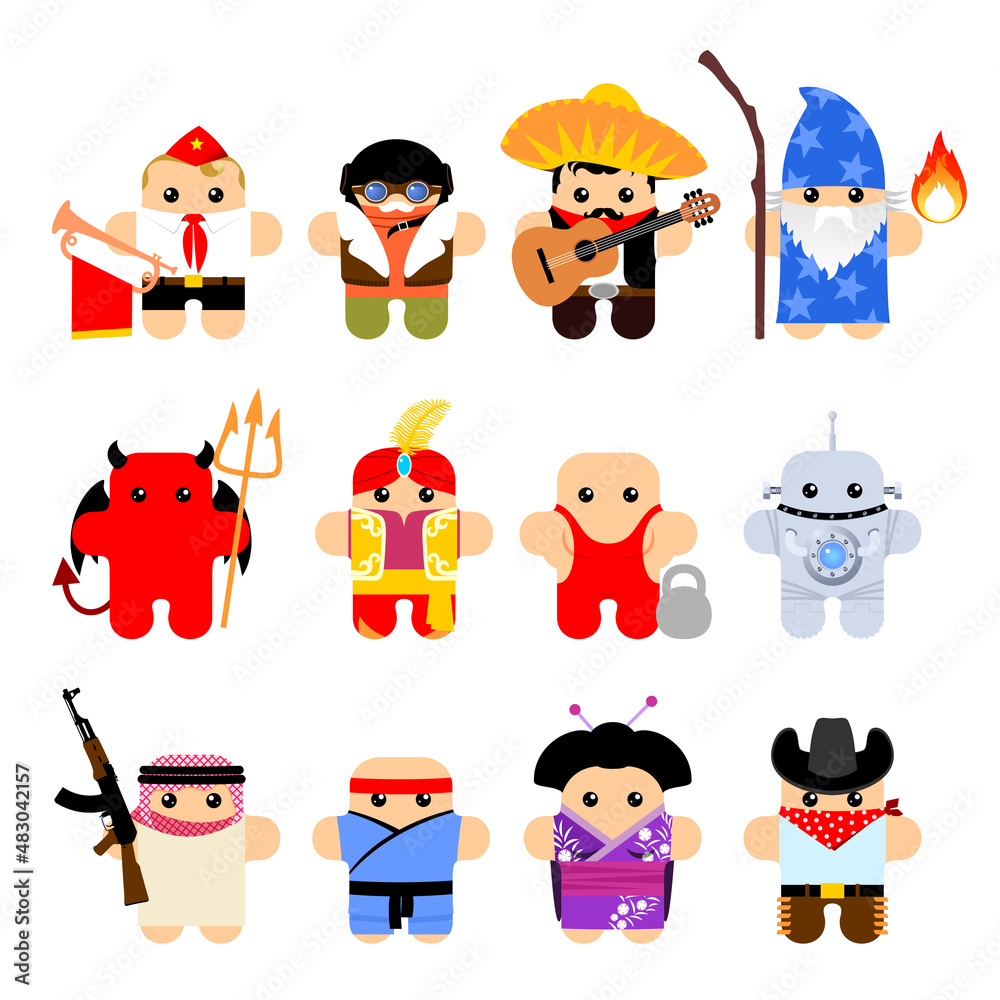 Obraz premium Set of funny cartoon characters: Mexican, sultan, cowboy, devil, geisha, guitarist, magician, pilot, pioneer, weightlifter, robot