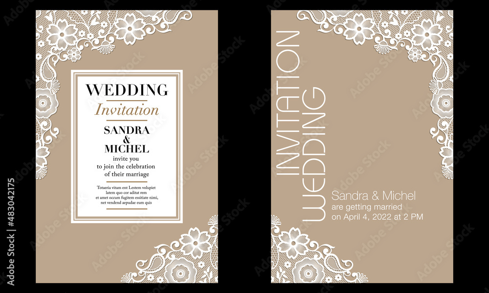 2 modèles de cartes d’invitation pour un mariage avec une décoration dentelle blanche sur un fond de papier recyclé beige.