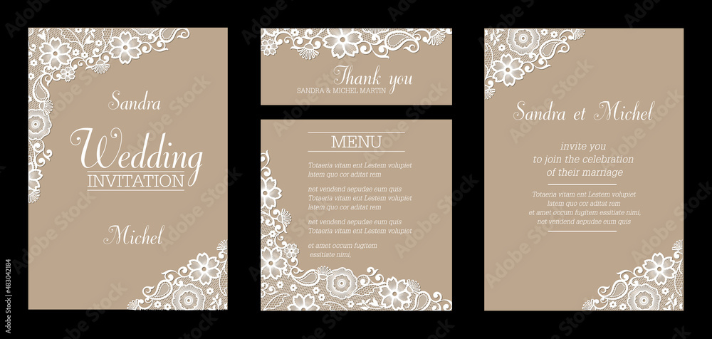 Ensemble de cartes pour un mariage - invitation, faire part, remerciement et menu - décoré de dentelle blanche sur un fond de papier recyclé beige - texte anglais.