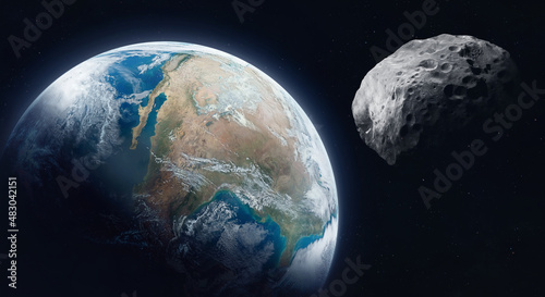 Asteroid in space near Earth. Big asteroid on orbit of Earth planet. Elements of this image furnished by NASA photo