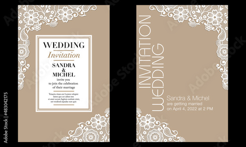 2 modèles de cartes d’invitation pour un mariage avec une décoration dentelle blanche sur un fond de papier recyclé beige.
