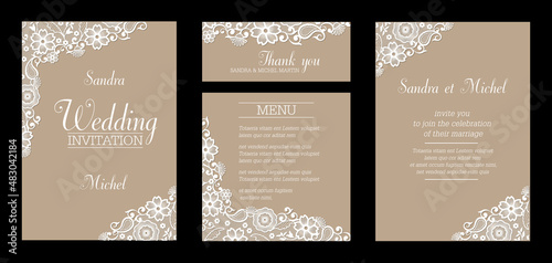Ensemble de cartes pour un mariage - invitation, faire part, remerciement et menu - décoré de dentelle blanche sur un fond de papier recyclé beige - texte anglais. photo