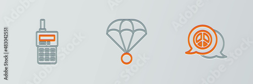 Set line Peace, Walkie talkie and Parachute icon. Vector