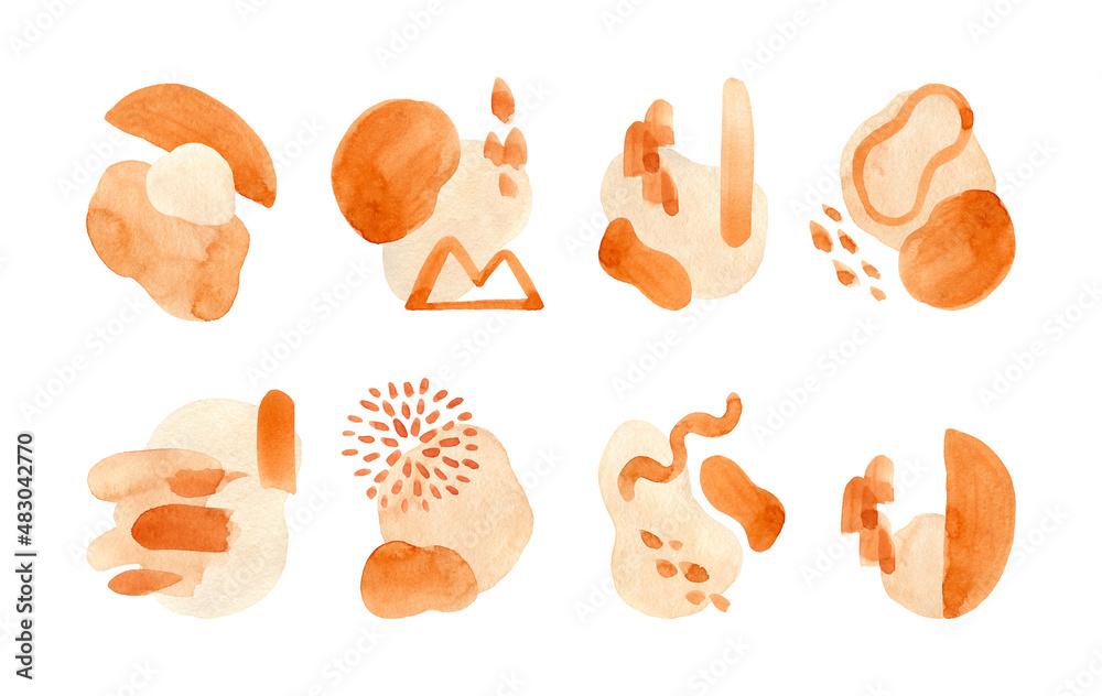 Watercolor abstractions. Modern abstract print set in monochrome orange and rust colors isolated on white background. Pre-made arrangements. Perfect for wall art, posters, business cards, stationery.