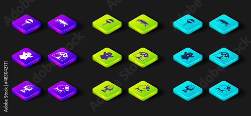 Set Attraction carousel, Magic ball, Ghost, Circus tent, Jumping trampoline and Lollipop icon. Vector