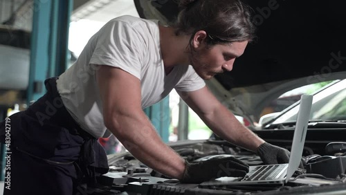 auto car service maintenance concept, customer person discussion and talking with mechanic technician for automobile occupation job to vehicle checking and repair, meeting with client in garage