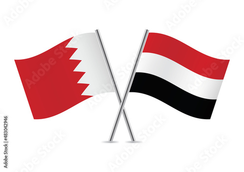 Bahrain and Yemen flags. Bahraini and Yemeni flags isolated on white background. Vector illustration.