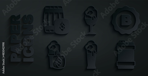 Set Glass of beer, Bottle cap with, Metal keg, and Wooden barrel icon. Vector